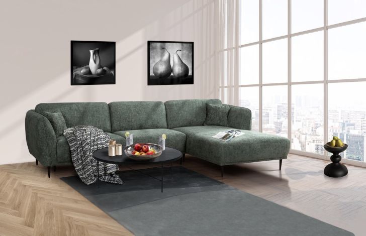 Polstergarnitur Kelmis, Sofa Stoffbezug grün, Fuß schwarz